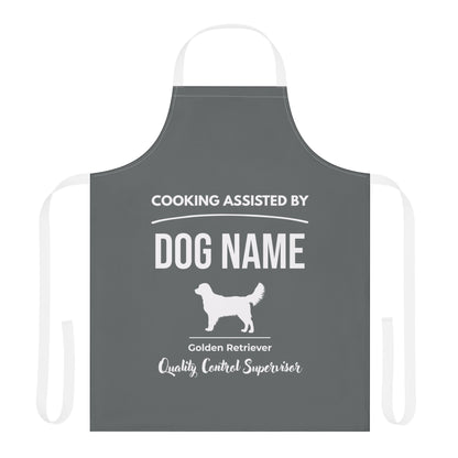 Gray apron with text 'Cooking Assisted by Dog Name' and a Golden Retriever silhouette on a white background