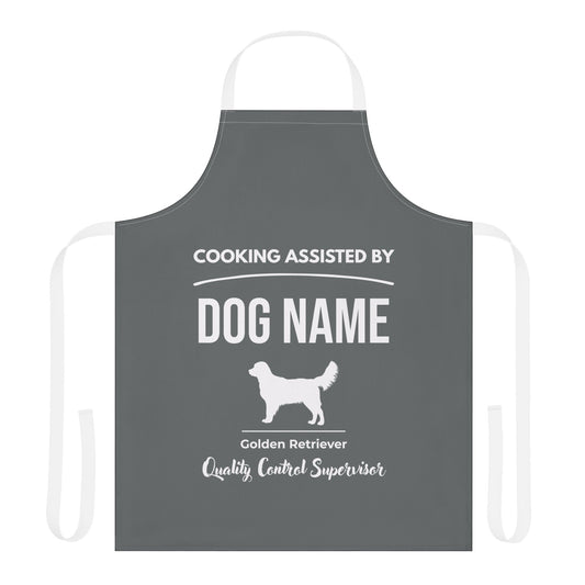 Gray apron with text 'Cooking Assisted by Dog Name' and a Golden Retriever silhouette on a white background